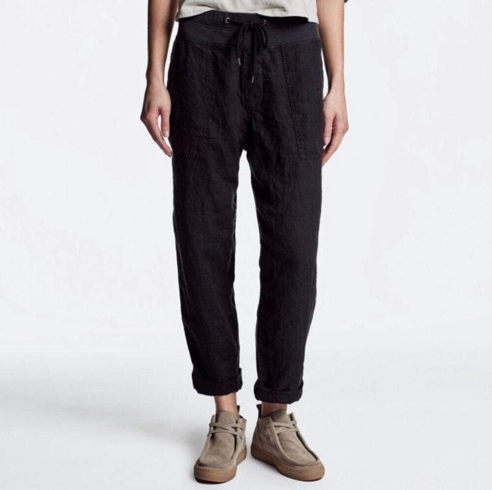 James Perse Utility Mixed Media Linen Pants XS Dark Navy Straight Leg Pull On